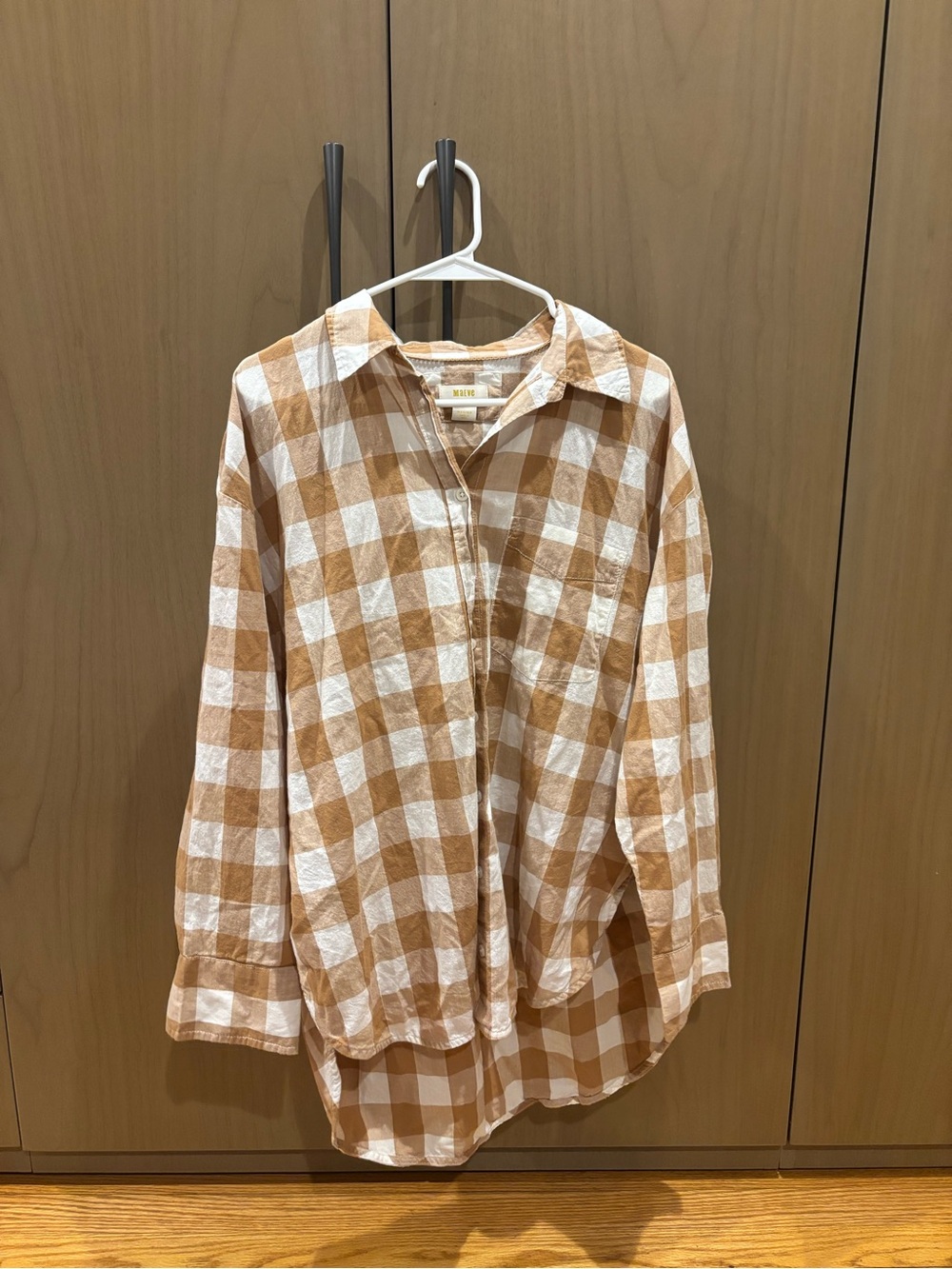 Anthropologie Tan and White Gingham Button-Down Shirt
